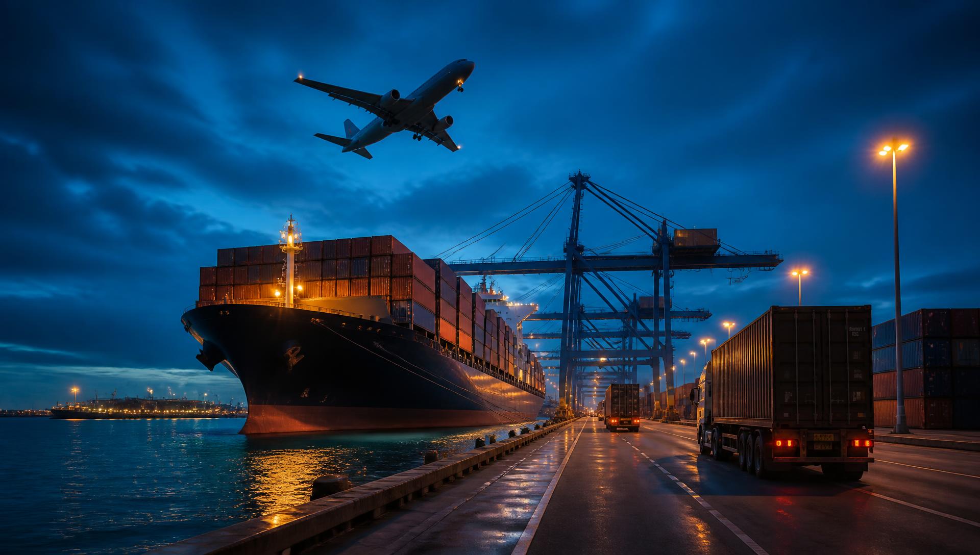 Container ship, cargo aircraft and freight lorry at a UK port at dusk