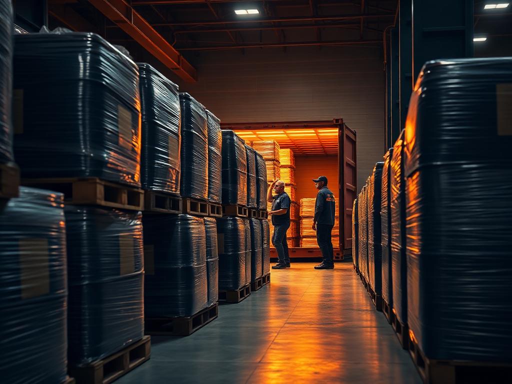 Workers loading wrapped pallets and barrels into a shipping container